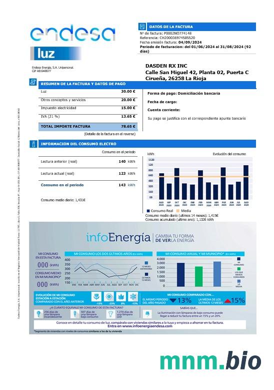 Hiszpania Endesa luz rachunek za usługi komunalne szablon w formacie Word i PDF